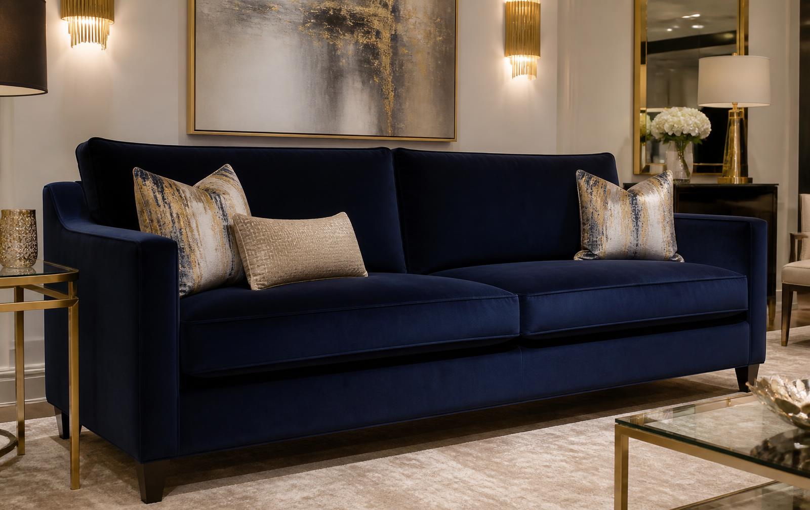 Navy velvet sofa freshly re-upholstered